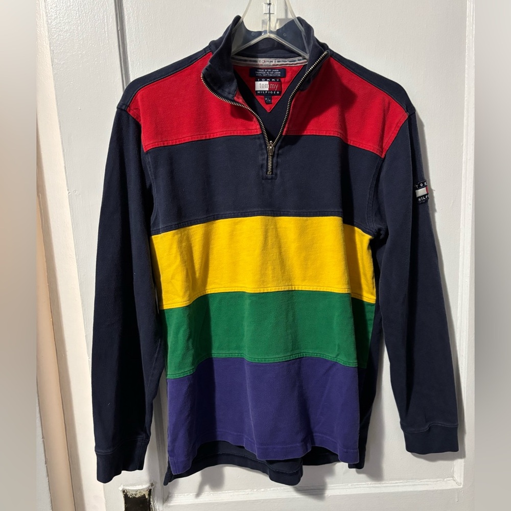 Vintage 90s Tommy Hilfiger Multicolor Striped Qtr Zip Pullover Mens Size Medium